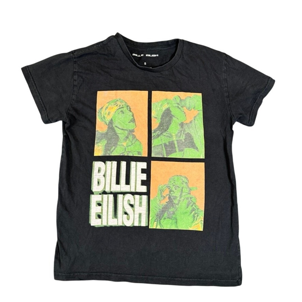 Billie Eilish Graphic T-Shirt Black Green Orange Portrait Print Small